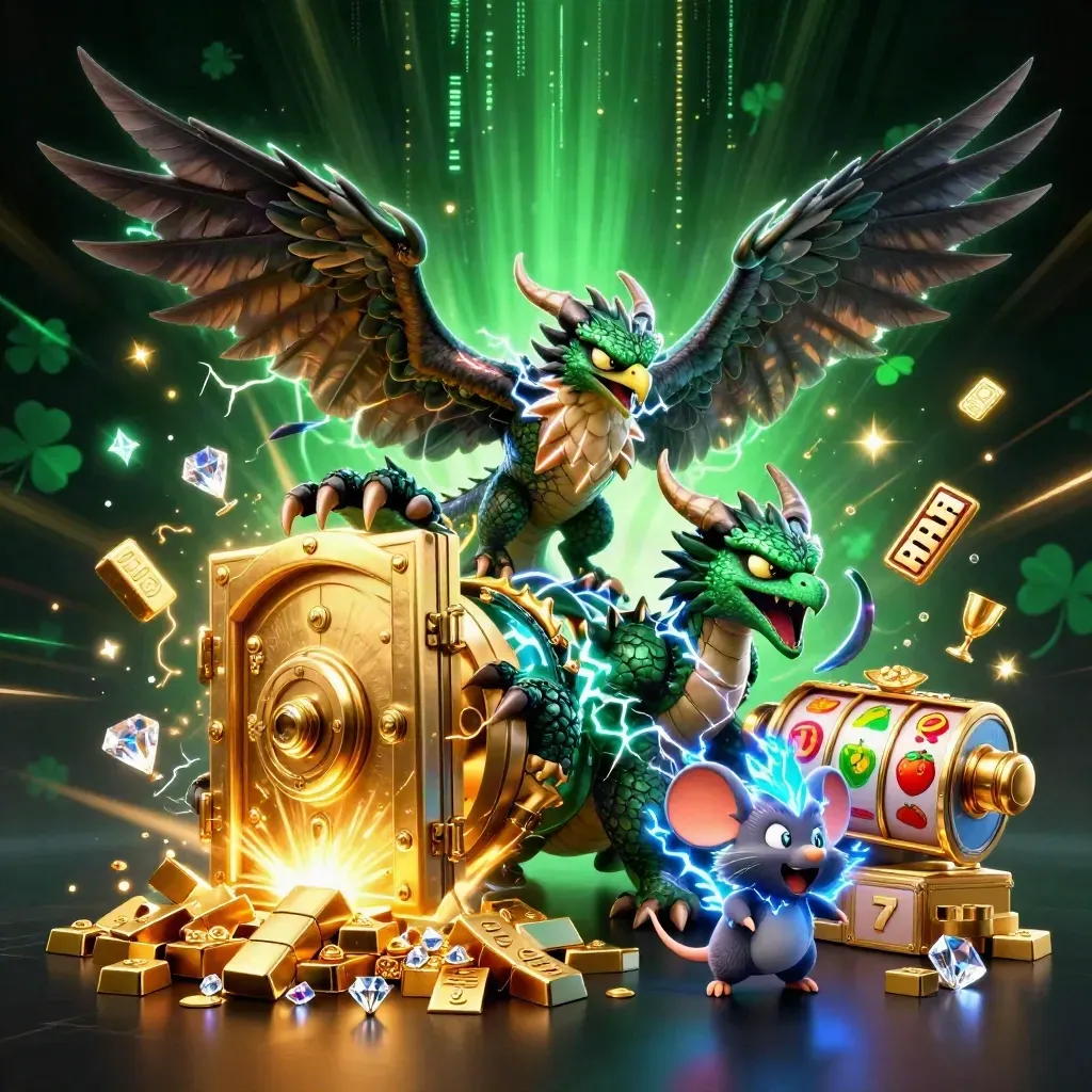 Thunder dragon, wind hawk and mouse amid gold vault loot and casino sparks