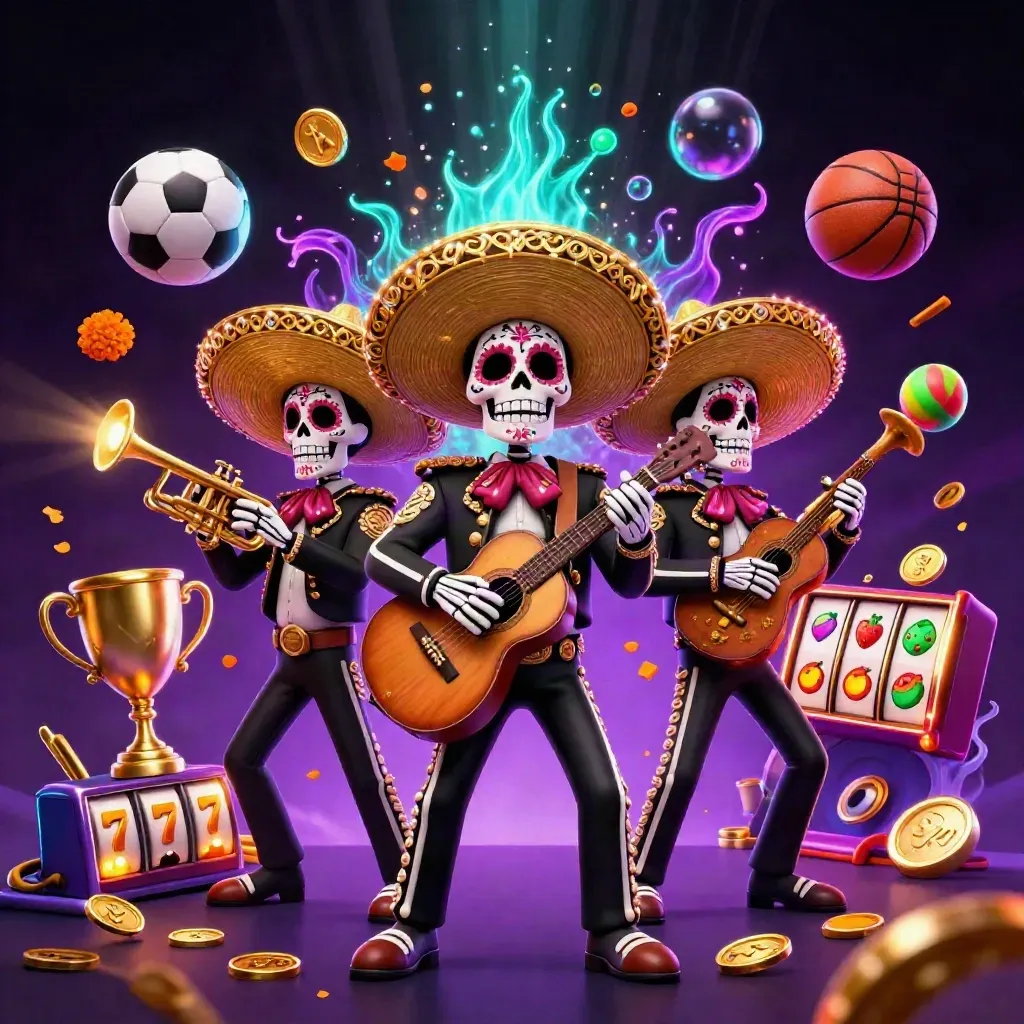 Day-of-the-Dead skeleton mariachi trio amid sports balls, coins, reels, and neon casino effects.