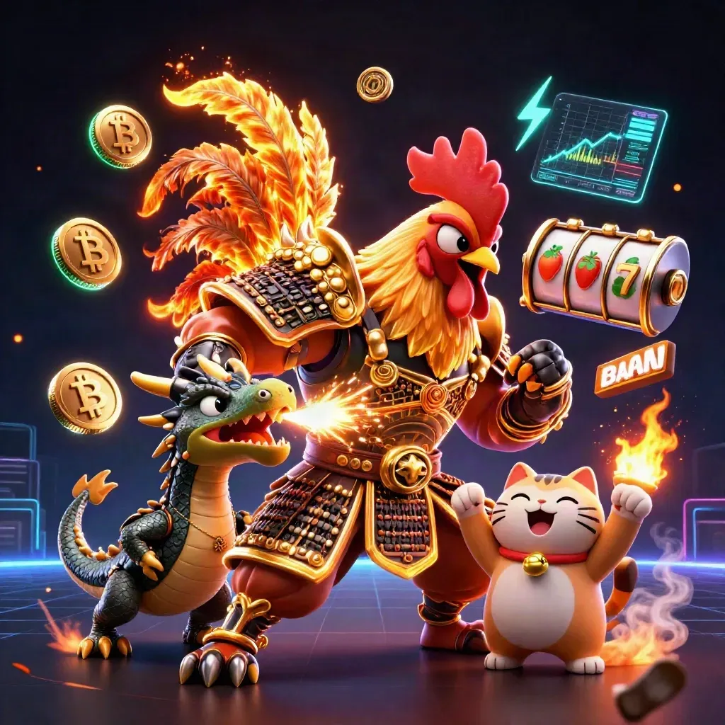 Rooster warrior, dragon hatchling and fortune-cat amid casino coins and glowing reels.