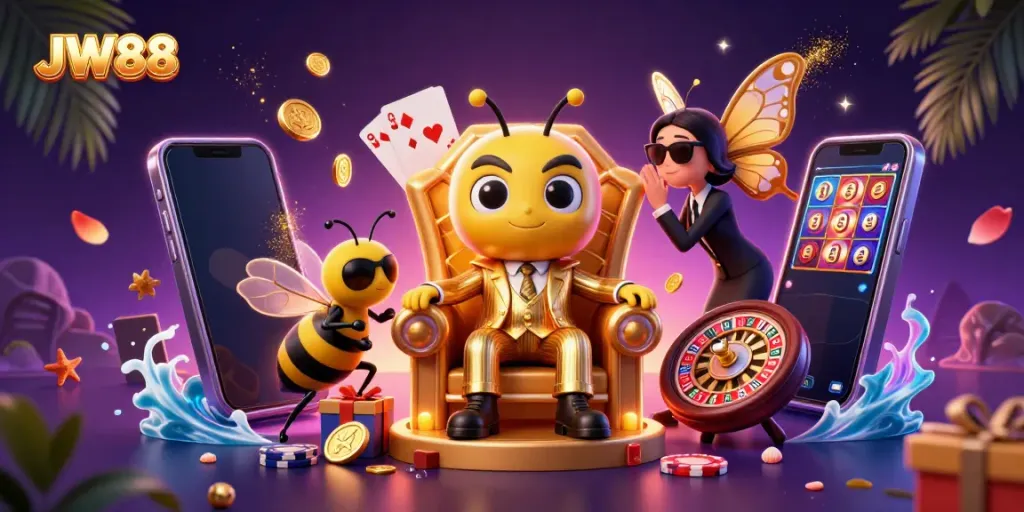 JW88 casino scene with a bumblebee mob boss showcasing gaming excitement with vibrant slot games and rewards