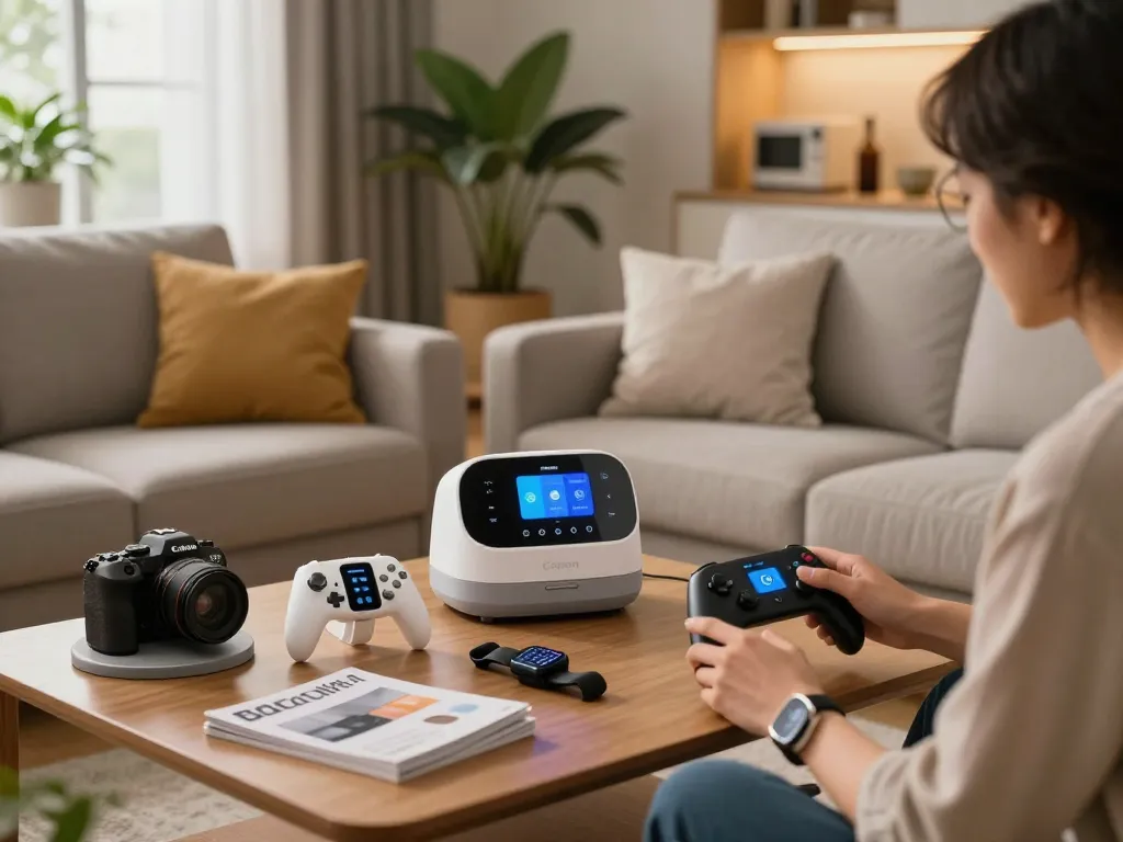 Showcasing unique tech gadgets like Bluetooth controllers and smartwatches in a cozy living room.