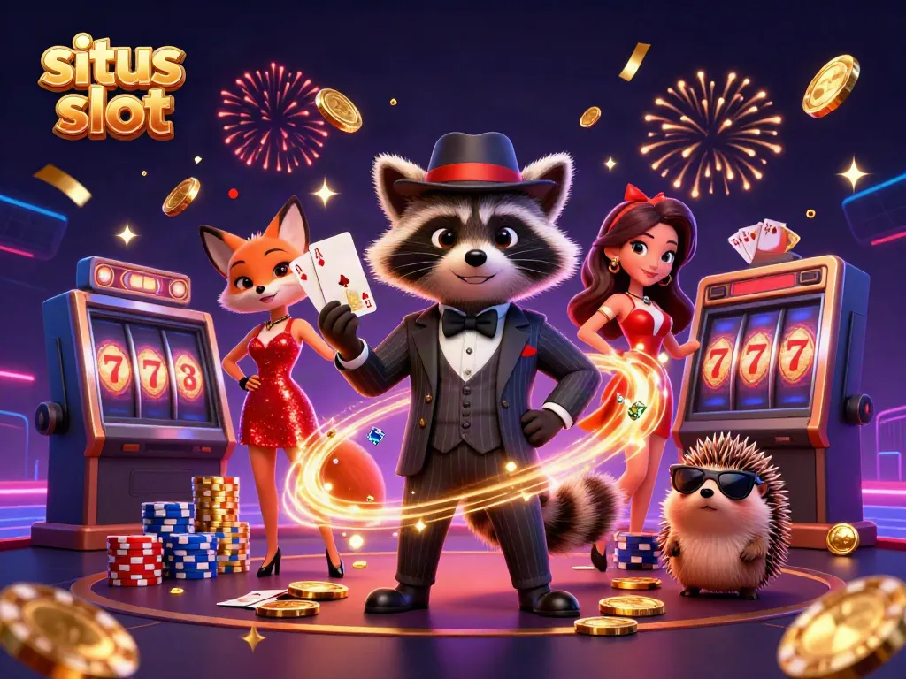 Experience thrilling victories with situs slot as raccoon, fox, and hedgehog enjoy casino excitement.