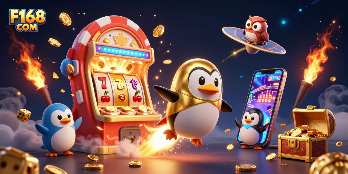 Watch the rocket-powered golden penguin soar towards the F168 COM casino space station amidst a jackpot explosion.