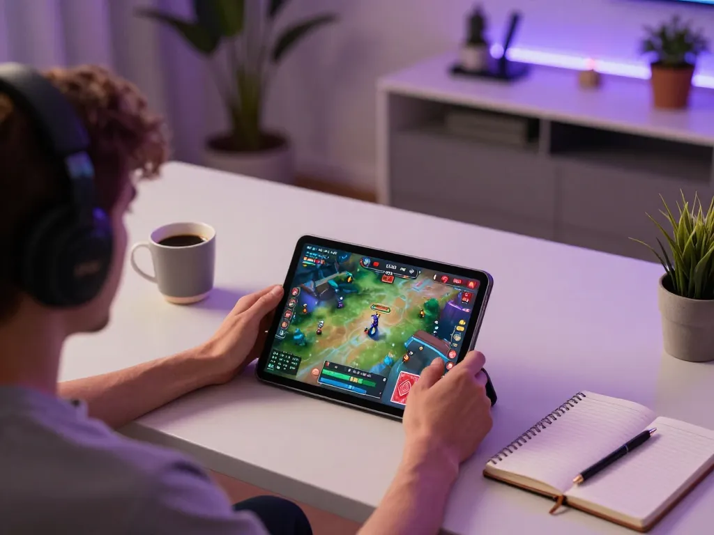 Engaging in game bài on a tablet while strategizing in a cozy online gaming setup