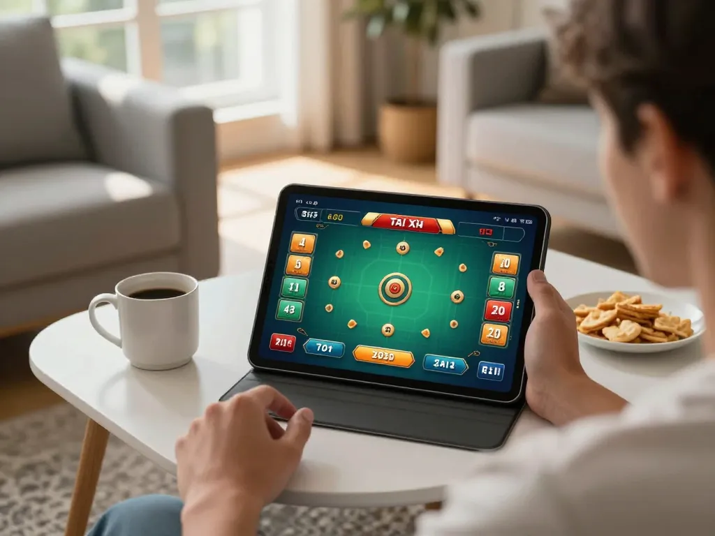 Engaging in Tài Xỉu online gaming on taixiuonlinego with interactive tablet interface and cozy atmosphere
