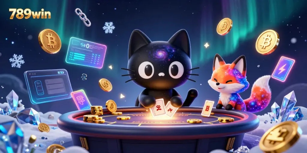 Experience the thrill of 789win with a cosmic casino scene featuring charming characters and glowing coins.