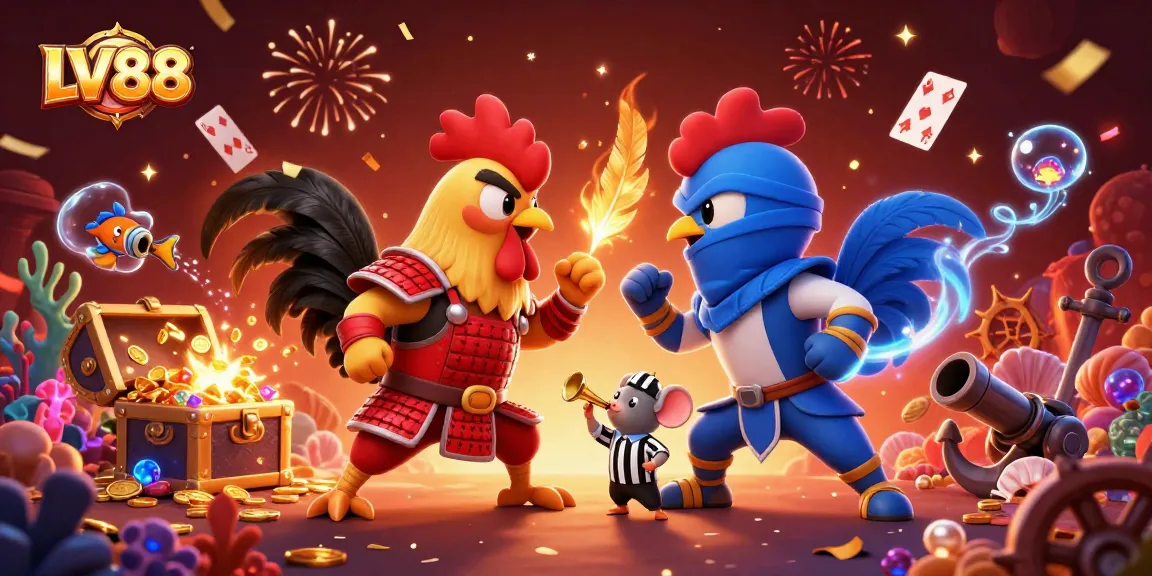 Engage with thrilling action at LV88 as fighting roosters clash amid a vibrant casino backdrop.