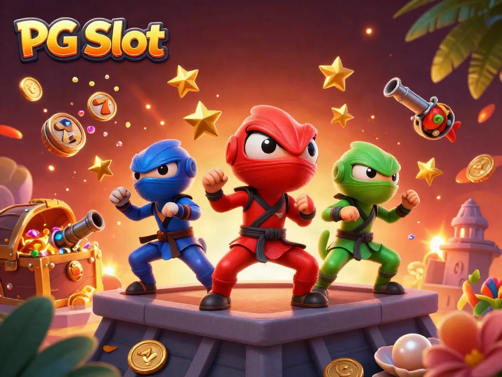 Engaging scene depicting PG Slot with ninja chameleons and dynamic slot game elements in vibrant 3D.