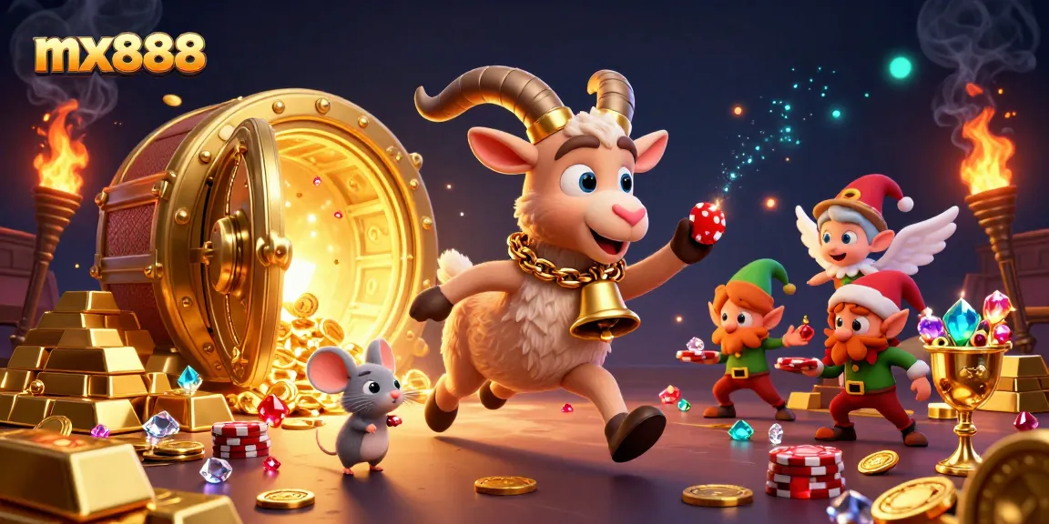 Engage with exhilarating gaming action at mx888’s vibrant casino featuring characters and golden treasures.