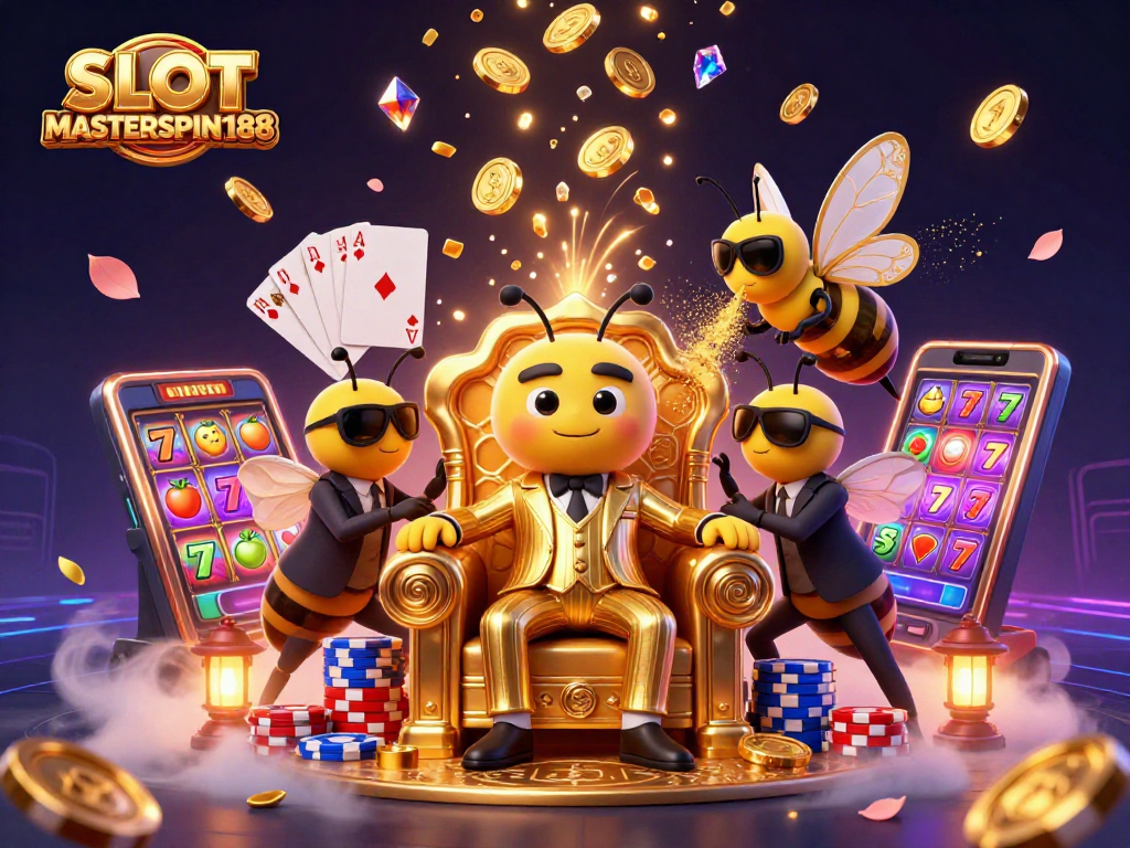 SLOT MASTERSPIN188 showcases a bumblebee mob boss in a vibrant casino scene filled with slot machine elements and gold coins.