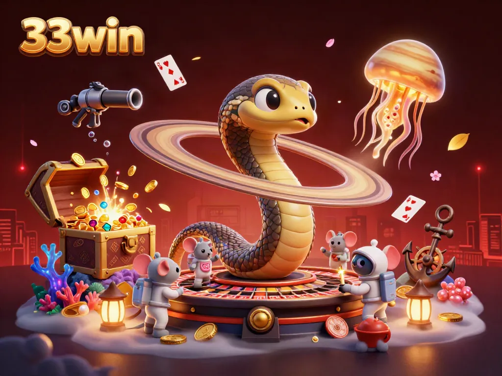 Place bets with 33win as a cosmic dealer presides over a vibrant casino scene.