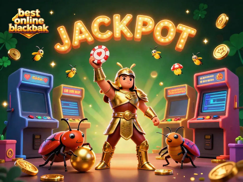Experience the best online blackjack with a triumphant beetle lifting a poker chip, animated gaming elements, and vibrant visuals.