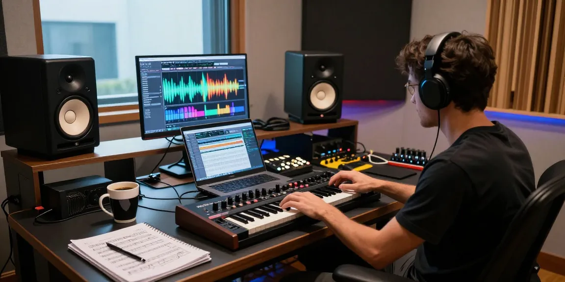 Musician engaging with Roland SC88 sound module in a modern music studio