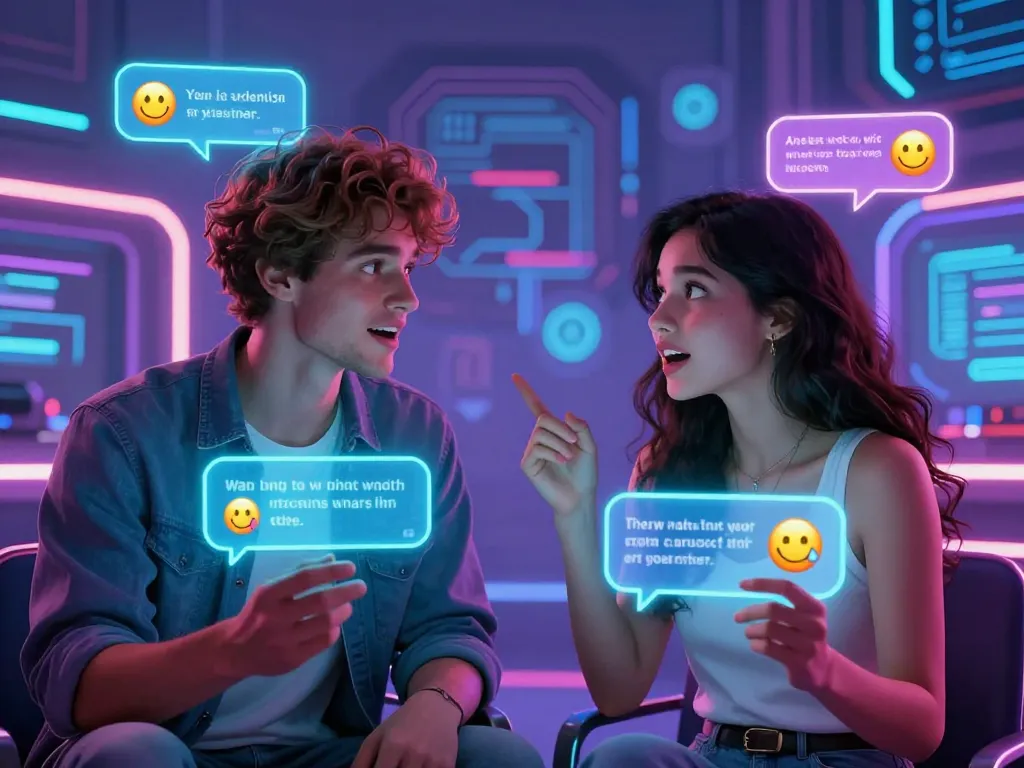 Engaging free ai sex chat between two avatars in a vibrant cybernetic environment with digital screens.
