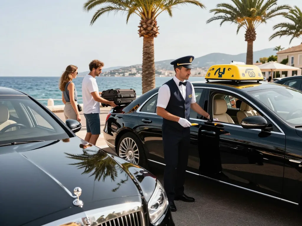 Service de taxi à Saint-Tropez avec chauffeur professionnel et véhicule de luxe au bord de l'eau.