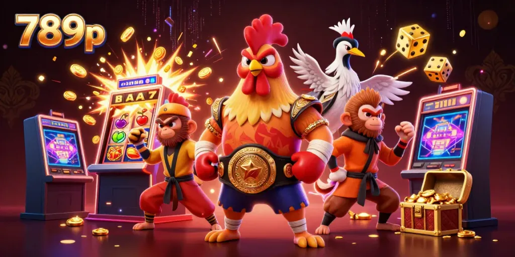 Engaging scene of 789p featuring a Muay Thai rooster and Shaolin monkey in a vibrant casino setting.