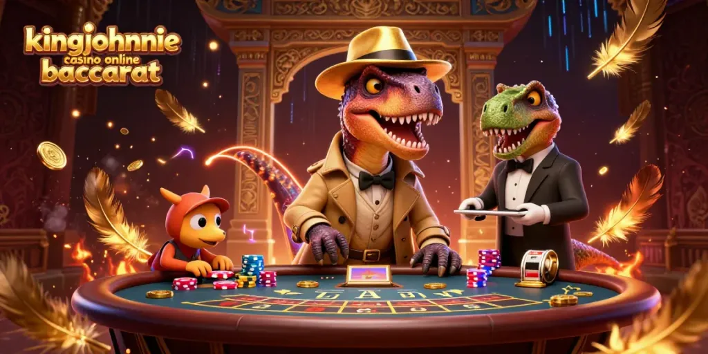 Bet on kingjohnnie casino online baccarat with a vivid scene featuring a velociraptor card counter.