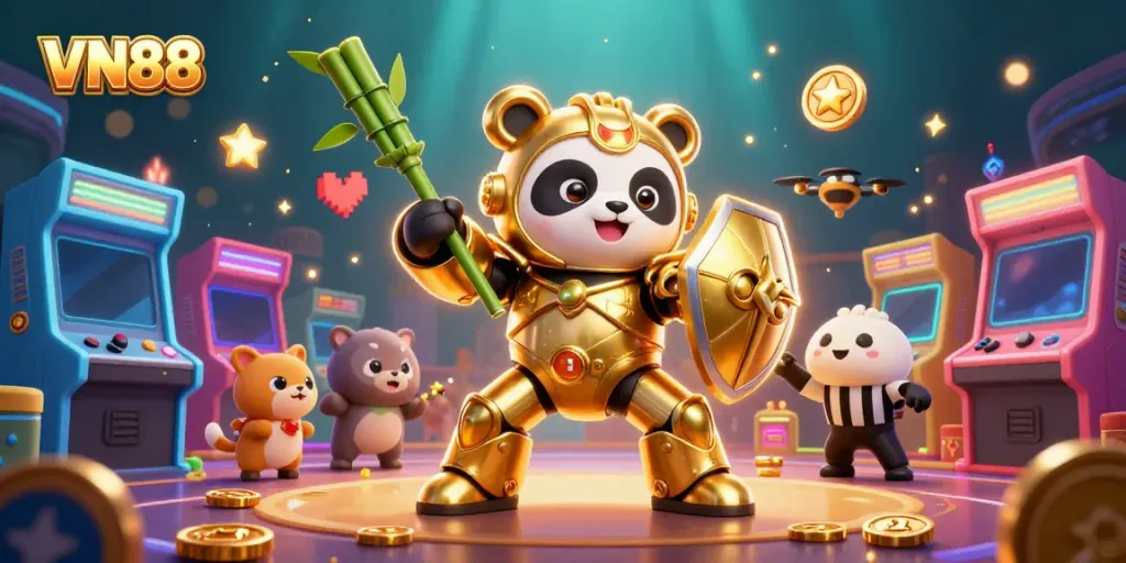 Experience the excitement of VN88 with a mech-suit panda in a vibrant gaming arena.