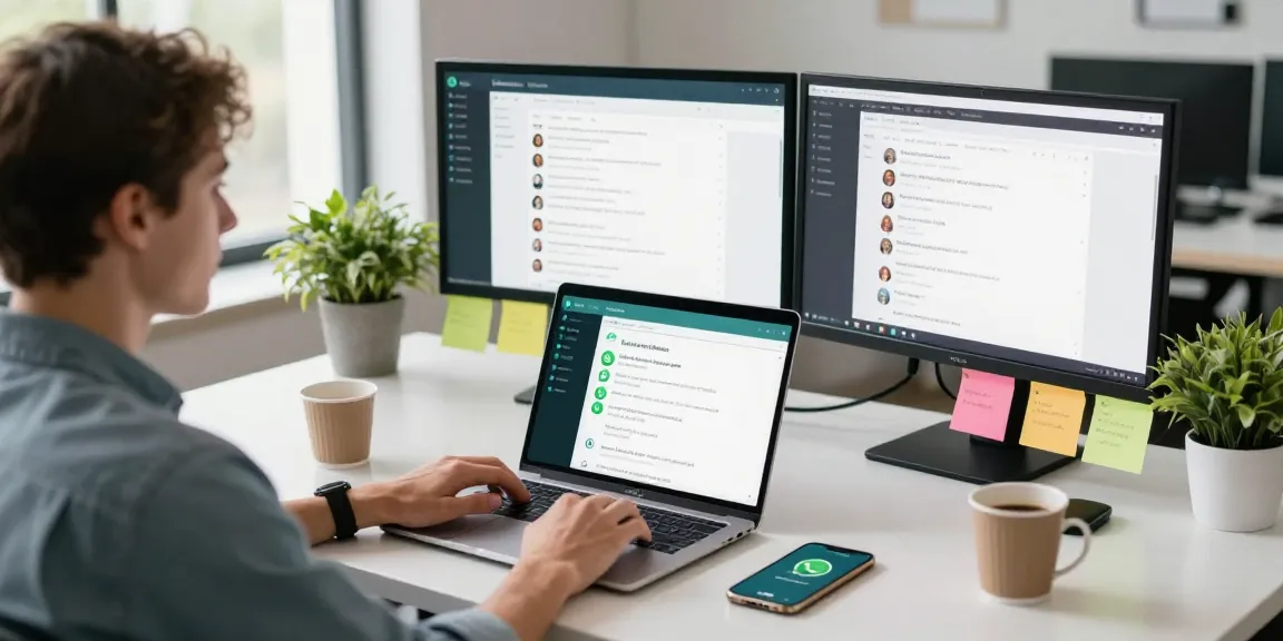 Modern workspace showcasing WhatsApp網頁版 with laptop, coffee, and plants.