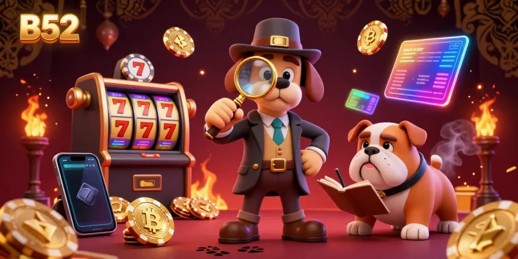 Join the B52 detective duo as they uncover hidden treasures in a vibrant casino, featuring poker chips and crypto elements.