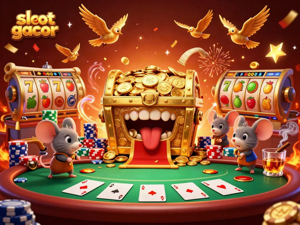 Experience slot gacor excitement with dynamic 3D illustration featuring a treasure chest, slots, and vibrant casino elements.