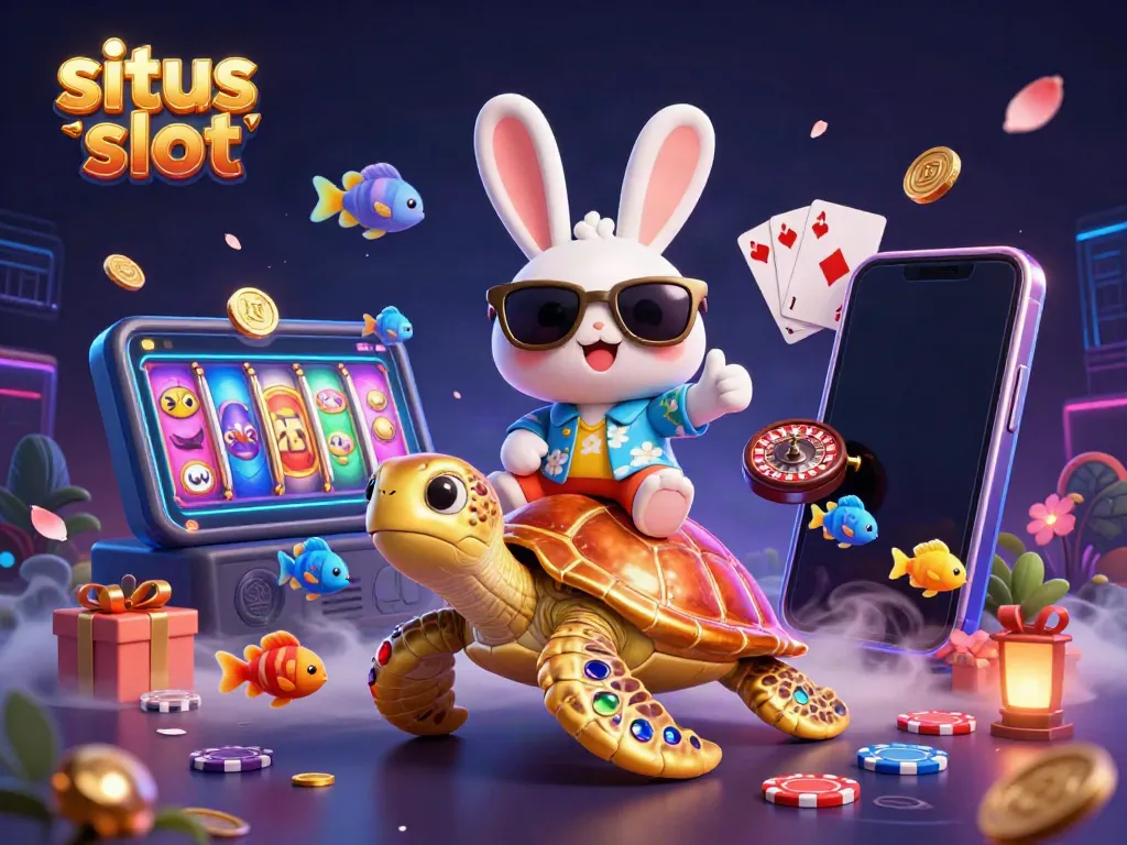 Play exciting situs slot games with a lively scene featuring a lucky rabbit and a golden turtle.