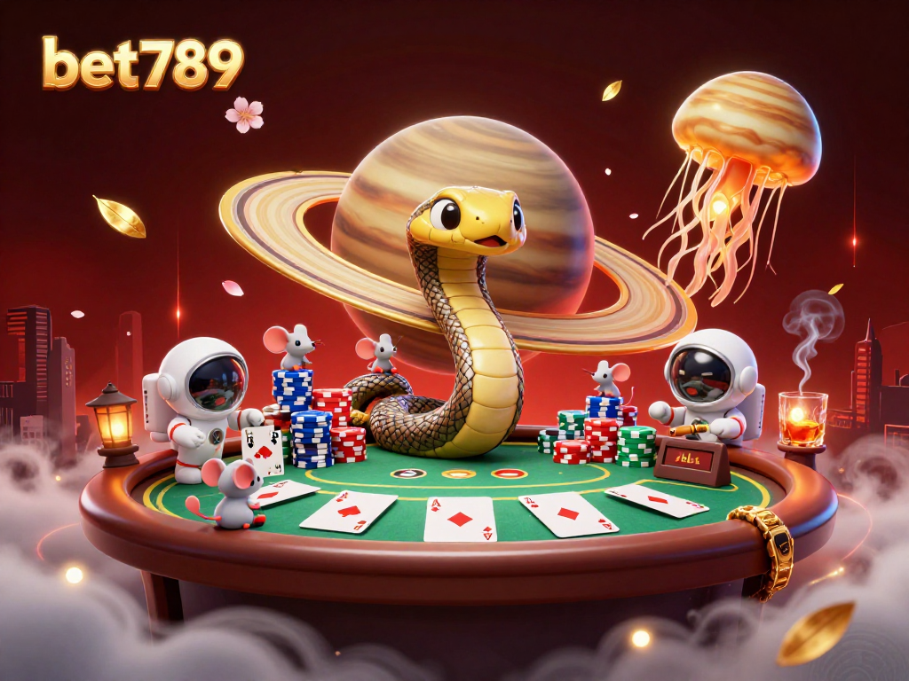 Experience bet789’s thrilling space-themed gambling scene with cartoon characters and rich casino elements.
