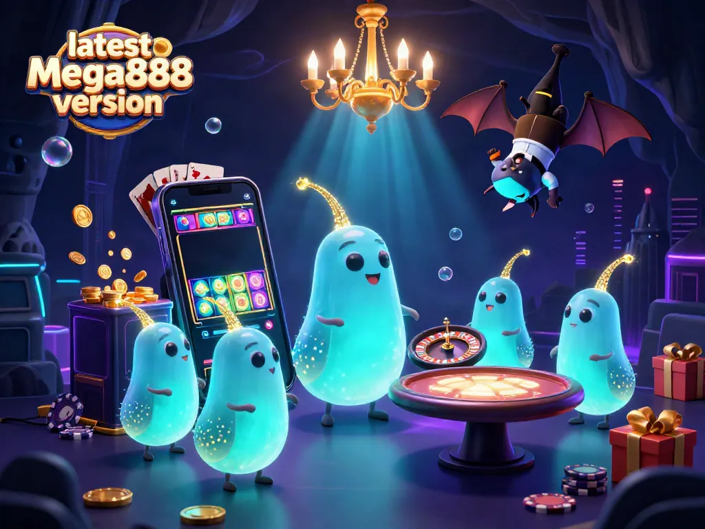 Experience the latest Mega888 version in a vibrant, illuminated cave casino scene.
