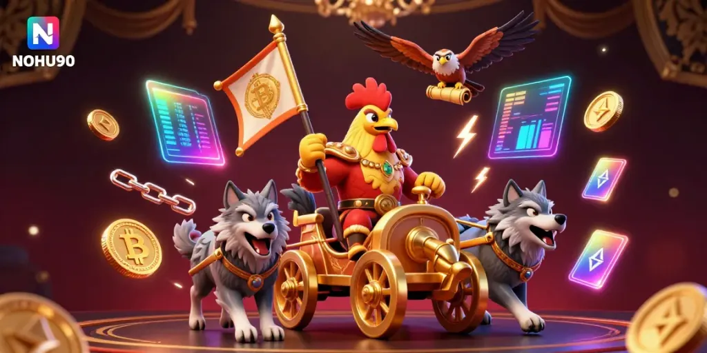 Experience the excitement of NOHU90 as a rooster warlord leads the gaming battle with dazzling crypto elements.
