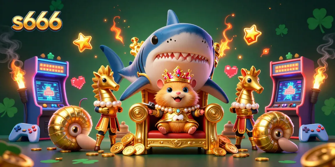 S666 casino features a golden hamster king amidst arcade games and vibrant coins, showcasing an epic gaming experience.