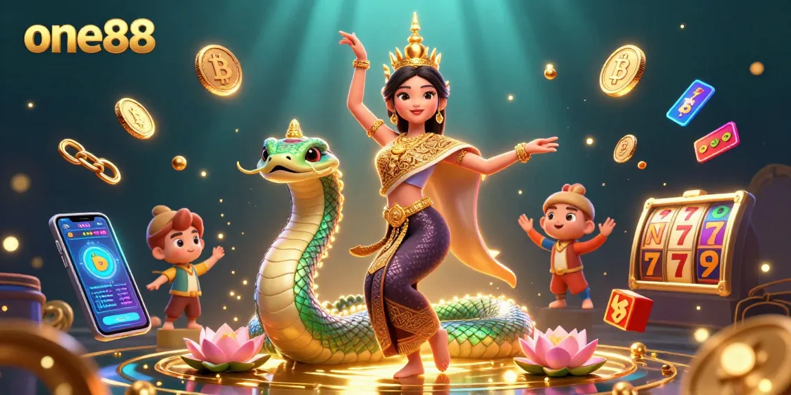 Spin the reels with one88 in this vibrant 3D casino scene featuring crypto elements.