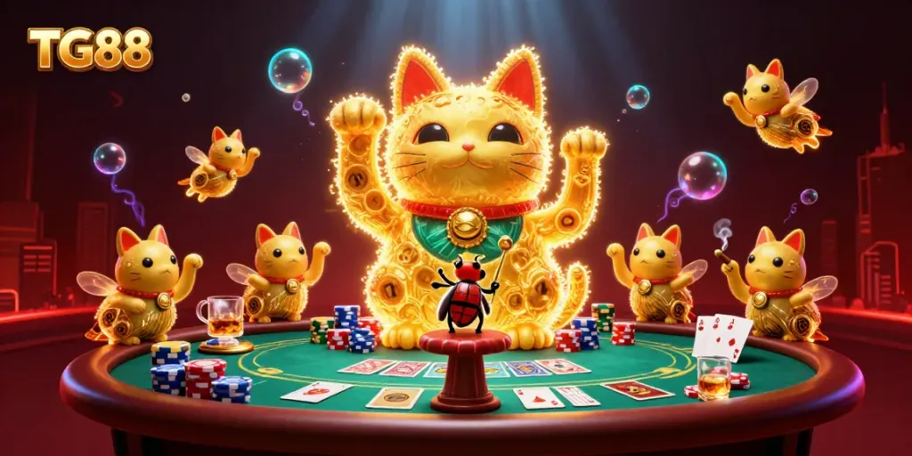 Experience the excitement of gambling at TG88 with a cartoon lucky cat and vibrant poker scene.