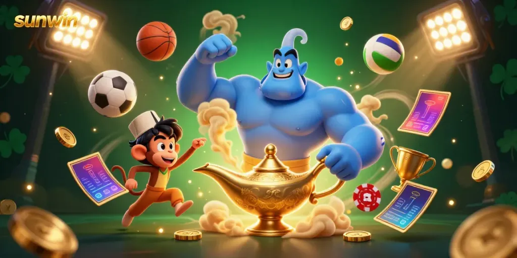 Experience the captivating essence of gambling with sunwin through a vibrant 3D genie illustration bursting with energy and excitement.