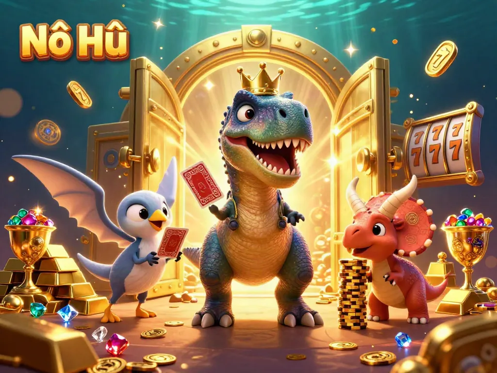 Experience the thrill of Nổ Hũ with cartoon dinosaurs playing cards and stacking chips in a vibrant casino scene.