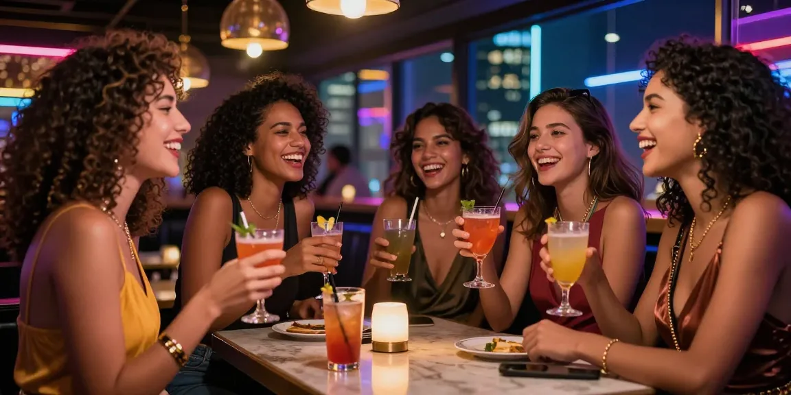Nhóm gái gọi đang vui vẻ trong quán bar sang trọng, thể hiện phong cách và sự năng động.